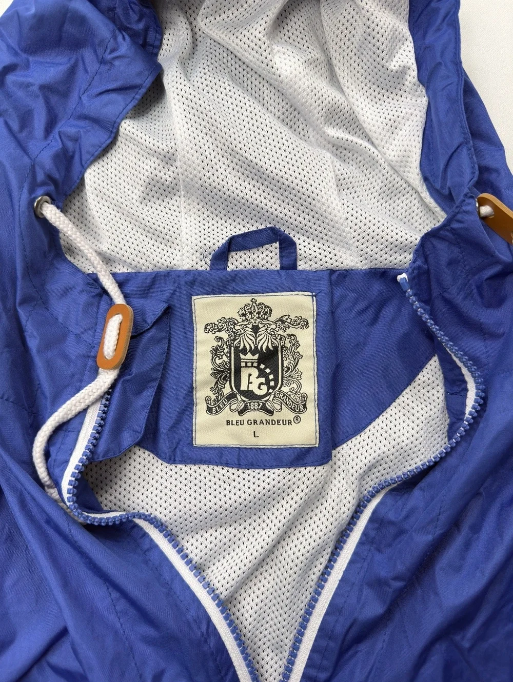 Bleu Grandeur Hooded Windbreaker Jacket Blue VTG Y2K Minimalist - Mens L
